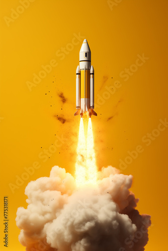 A powerful visual as a rocket ascends, leaving a trail of smoke against a vibrant yellow backdrop, symbolizing the dynamic energy of liftoff. Ai generated