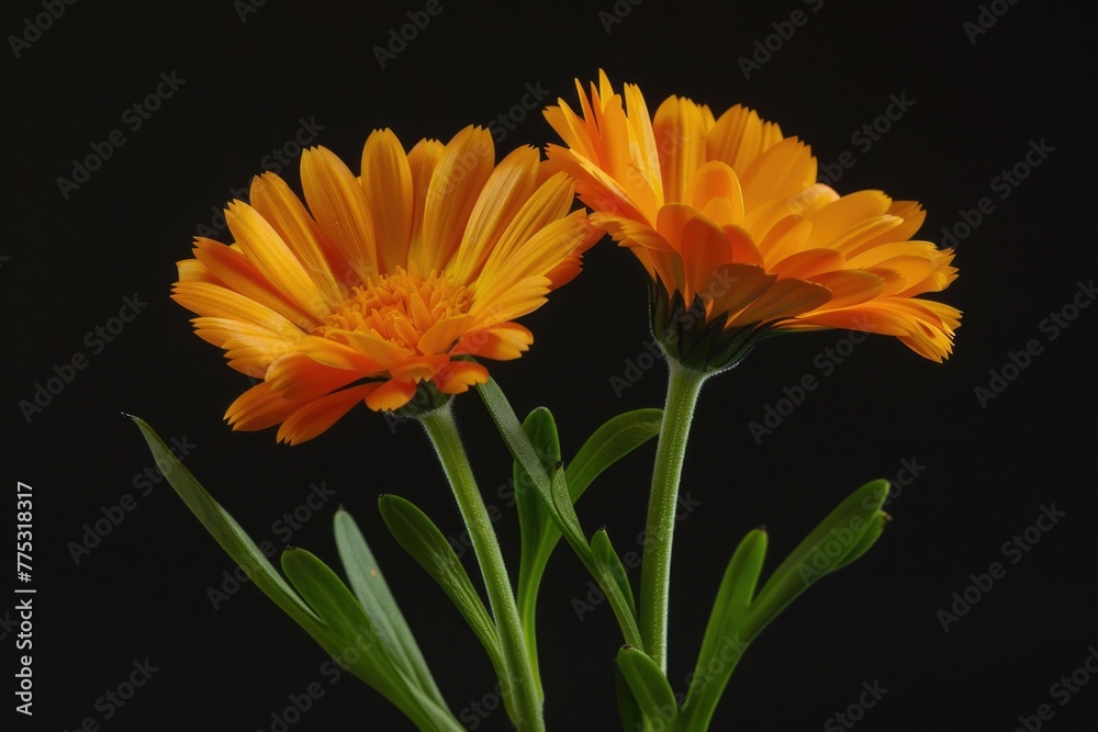 Close up of two orange flowers in a vase, suitable for floral backgrounds