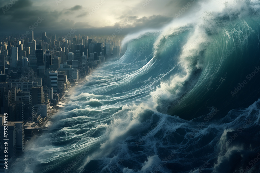 Tsunami hitting city