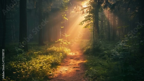 A trail going through the woods, lit up by rays of sunlight coming through the mist. © Marry