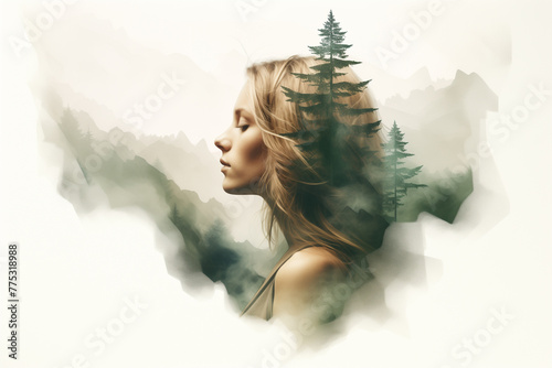 Artistic double exposure illustration showcasing the fusion of a beautiful girl and a mystical foggy pine forest. Ai generated