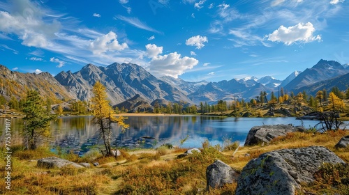 A wide view of a mountain lake with a backdrop of mountain ranges  in a national park located in the Altai Republic  Siberia  Russia.
