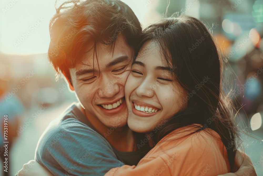 A man and woman hugging and smiling with their eyes closed