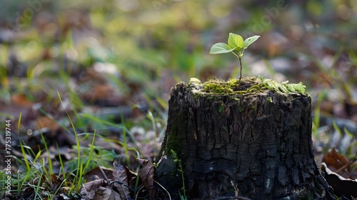 Young tree emerging from old tree stump in forest. Nature concept