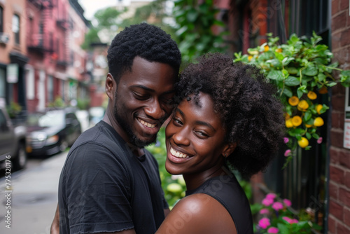 A man and woman are hugging and smiling in front of a sign that says no parking