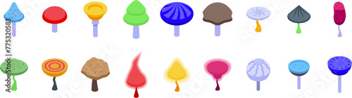 Fantasy mushrooms icons set isometric vector. Magic fungi. Forest ui game