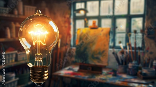 A single, vividly glowing light bulb floats in the foreground of a spacious, artistically cluttered studio, casting a halo of light that symbolizes the birth of an idea. photo