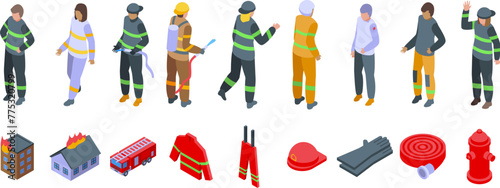 Fireman department work icons set isometric vector. Adult character. Uniform equipment photo