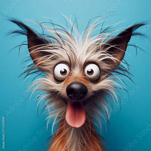 Portrait of happy dog with wacky face isolated on blue background, funny 3D character design for website app or video game avatar