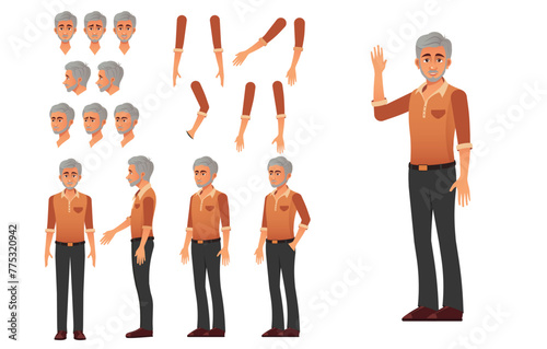 Older male character with a collection of facial expressions and pose options for animation. photo