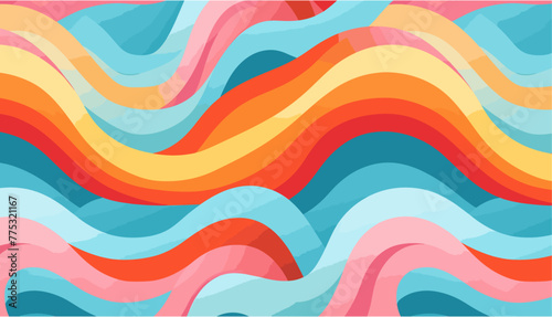 レトロな 60 年代スタイルの虹のシームレスなパターンとパステル カラーのストライプ。ヴィンテージのサイケデリックな波漫画の背景。トレンディなヒッピー 70 年代のストライプ プリントのイラスト。