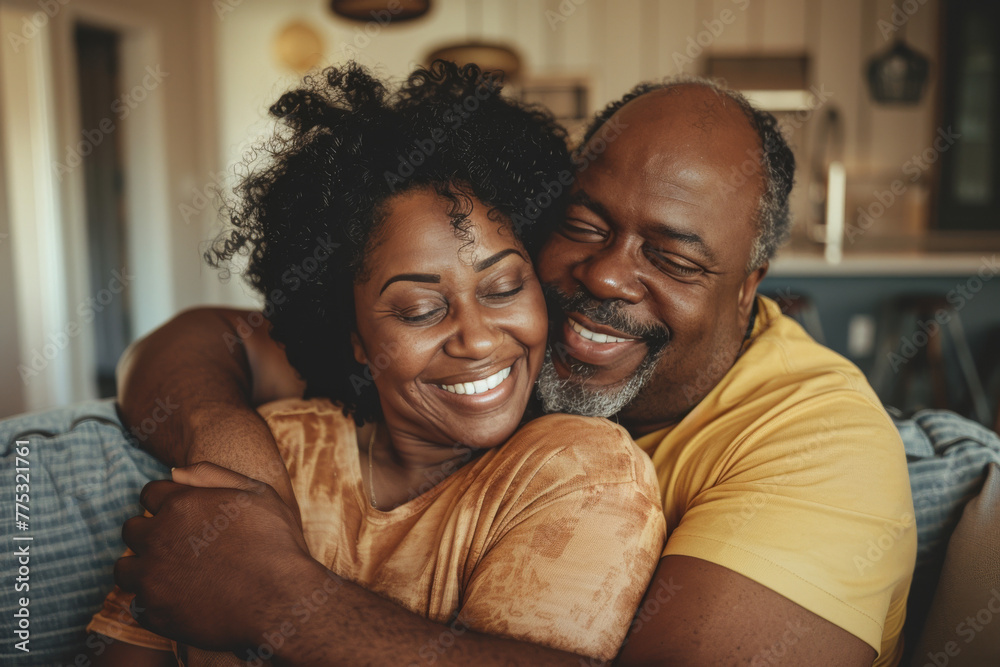 A man and woman are hugging each other and smiling