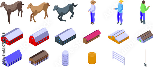 Farm stable icons set isometric vector. Wooden interior. House ranch photo