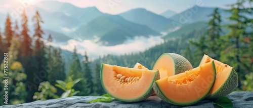  A cantaloupe sliced in half, resting on a boulder against a backdrop of majestic mountains