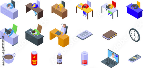 Tired woman sleep desk icons set isometric vector. During work. Deadline learning