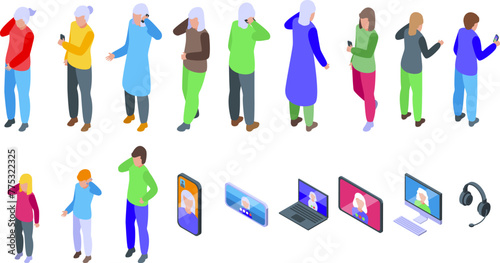 Calling granny icons set isometric vector. Speaking telephone. Social family