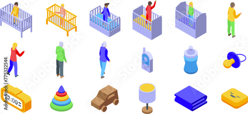 Baby standing crib icons set isometric vector. Infant happy. Musical toy