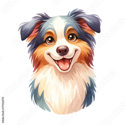 Watercolor cute Australian Shepher portrait. Cute dog breed. Dog days concept.