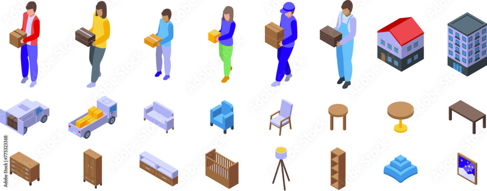 Family moving house icons set isometric vector. Home furniture. Estate property