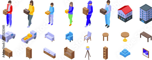 Family moving house icons set isometric vector. Home furniture. Estate property