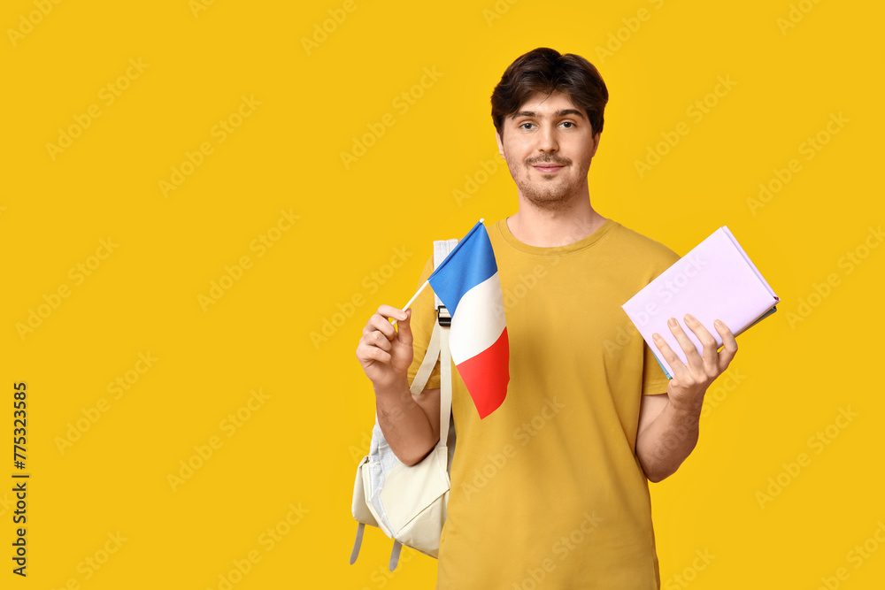 Male student with French flag and books on yellow background Male student with French flag and books on yellow background