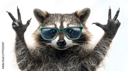 Stylish raccoon posing with hands up and cool sunglasses on. Fun, quirky image ideal for playful designs. Perfect for animal humor. AI photo