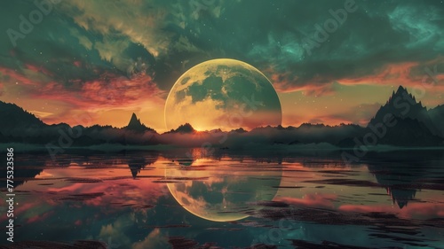 Serene landscape with moon over reflective lake - A tranquil landscape depicting a gigantic moon rising over a serene, reflective lake, embodying peace and the sublime