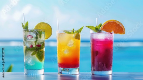 Group of refreshing tropical summer drinks with fruits and ice on tabletop on blurred ocean background, Copy space