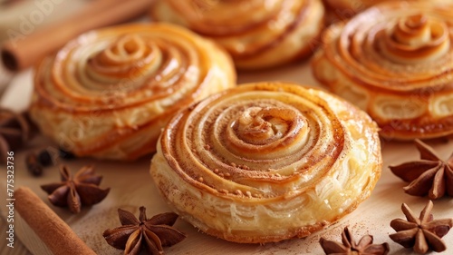 Golden brown cinnamon rolls on board - Fresh golden brown cinnamon rolls served on a wooden board garnished with star anise photo