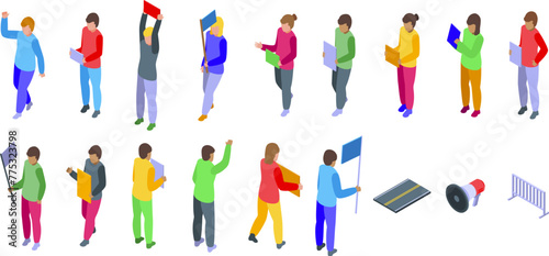 Peaceful parade icons set isometric vector. Different people. Pride flag group