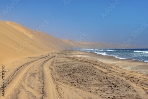 Picture of the beach of the dunes of Sandwich Harbor in namibia tgas over at low tide