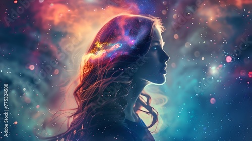 Mystical Woman Silhouette against Cosmic Backdrop, Space-Inspired Artwork with Vibrant Colors and Ethereal Feel. Ideal for Creative Projects. AI