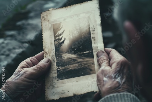 Elderly hands present a historical photograph depicting a rustic street scene photo