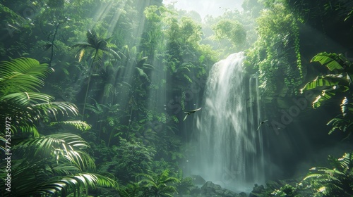 Vibrant amazon rainforest biodiversity with waterfall and rare birds in hyper realistic view