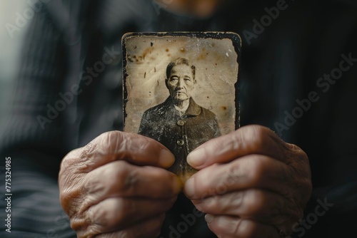 Elderly hands holding a worn antique photograph, evoking nostalgia and memory