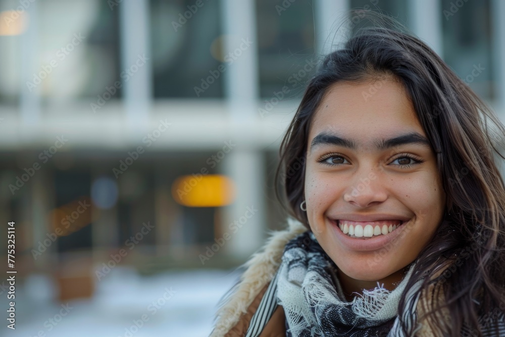 A young woman with a warm smile is wrapped up in winter wear, with cityscape behind A young woman with a warm smile is wrapped up in winter wear, with cityscape behind
