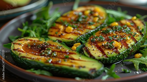 A bowl of salad with avocado and corn. The salad is topped with black pepper and chili flakes