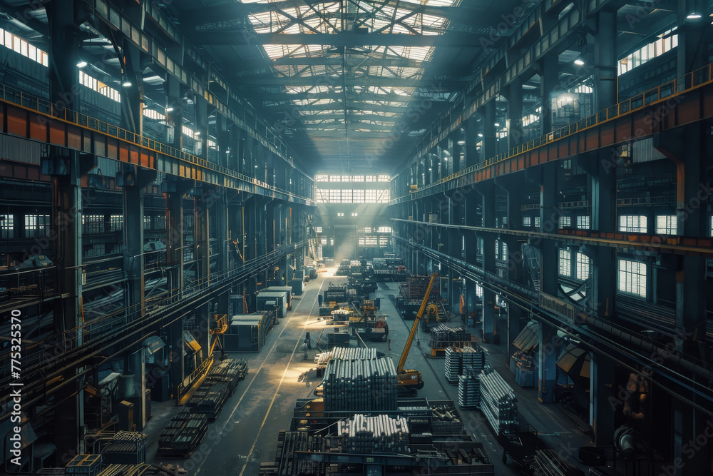 A large industrial building with many machines and workers