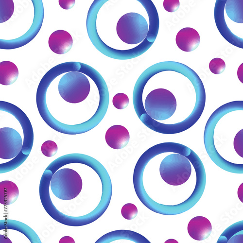Abstract seamless pattern of volumetric rings and balls on a white background. Texture, wallpaper, fabric, wrapping paper. 
