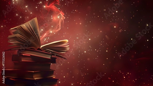 Mystical Stacked Books with Glowing Pages on a Sparkling Red Background. A Concept of Magic in Learning and Literature. Enchanting and Atmospheric Scene for Creative Minds. AI photo