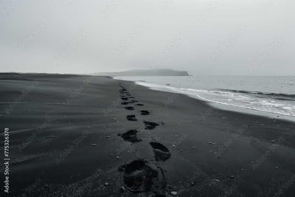 A lone path of footprints cuts through the stark, moody landscape of a black sand beach shrouded in mist A lone path of footprints cuts through the stark, moody landscape of a black sand beach shrouded in mist