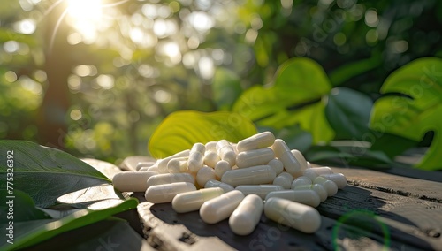 tablets lying in a large number among the green leaves, homeopathic medicines safe medicine. AI generated illustration photo