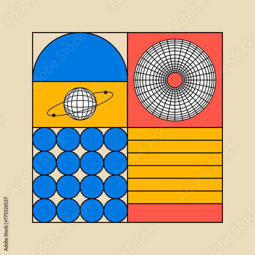 Geometric abstract shapes and futuristic forms. Vector illustration with wireframe shapes. Mid century modern poster template