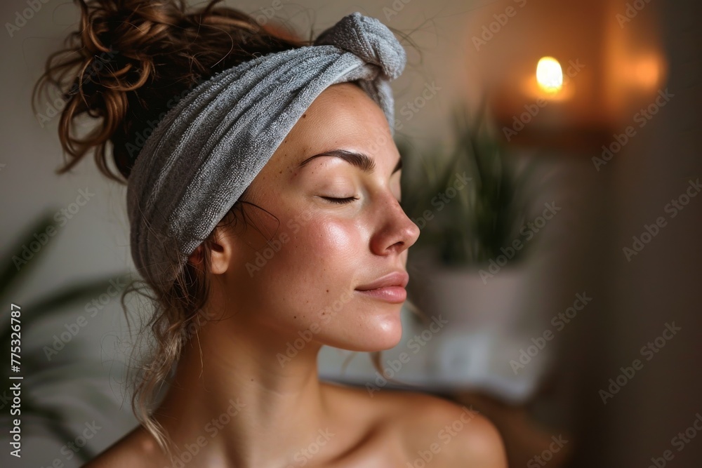 Fototapeta premium An image capturing a serene woman with a towel turban, closed eyes, and a calm expression, in subdued lighting