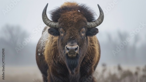 Buffalo in snowy nature with visible fur and horns in a winter wildlife portrait © Superhero Woozie