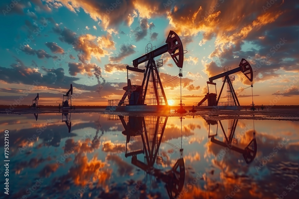 oil production rigs at sunset oil production rigs at sunset