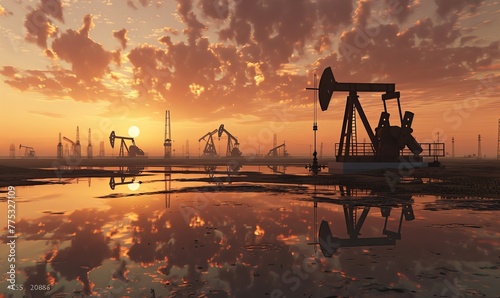 oil production rigs at sunset