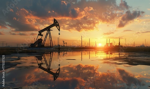 oil production rigs at sunset photo