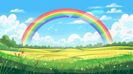 Ingelijste posters Regenboog Cartoon heuvellandschap met regenboog  © Yahor Shylau 
