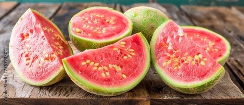   A halved watermelon rests atop a wooden table beside another halved watermelon
